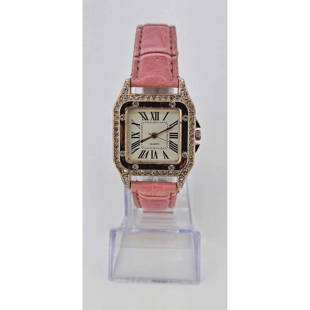 Women's Watch 32MM Cream Dial Roman Numerals Pink Faux Leather Bands NEW Battery